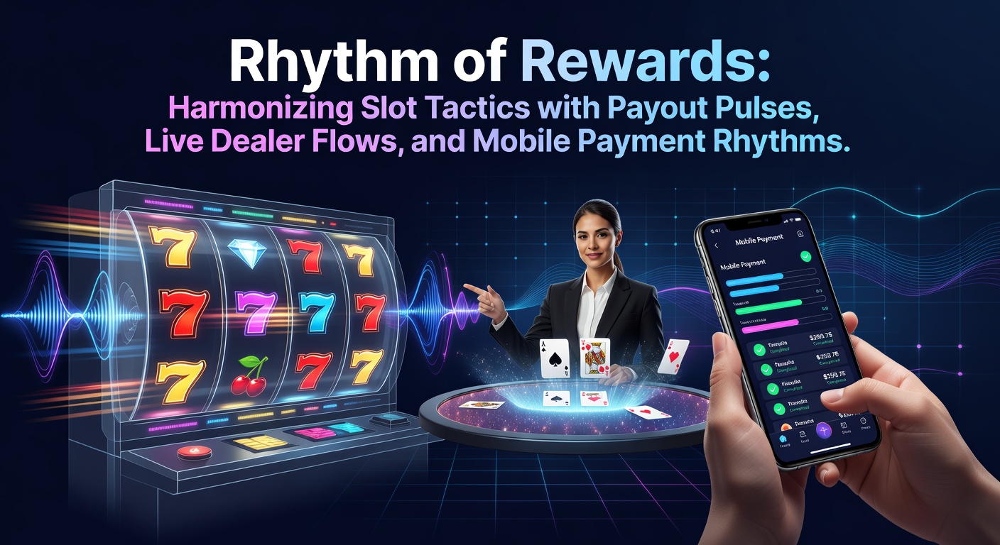 Illustration eines dynamischen Slot-Rades, das mit pulsierenden Auszahlungslinien, Live-Dealer-Tischen und mobilen Zahlungssymbolen verschmilzt, symbolisiert den harmonischen Rhythmus im Online-Glücksspiel