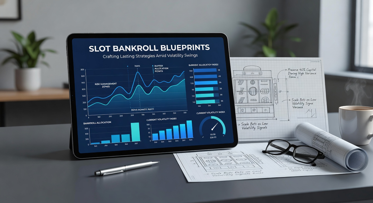 Grafik mit Slot-Maschinen und Bankroll-Diagrammen, die Volatilitätsschwankungen illustrieren